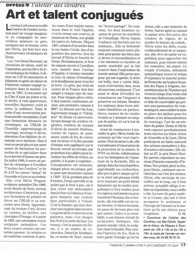 article de presse olivia tregaut Le comtadin octobre 1998 Art et Talent conjugués